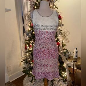 CHANEL White and Silver Knit midi dress size small
